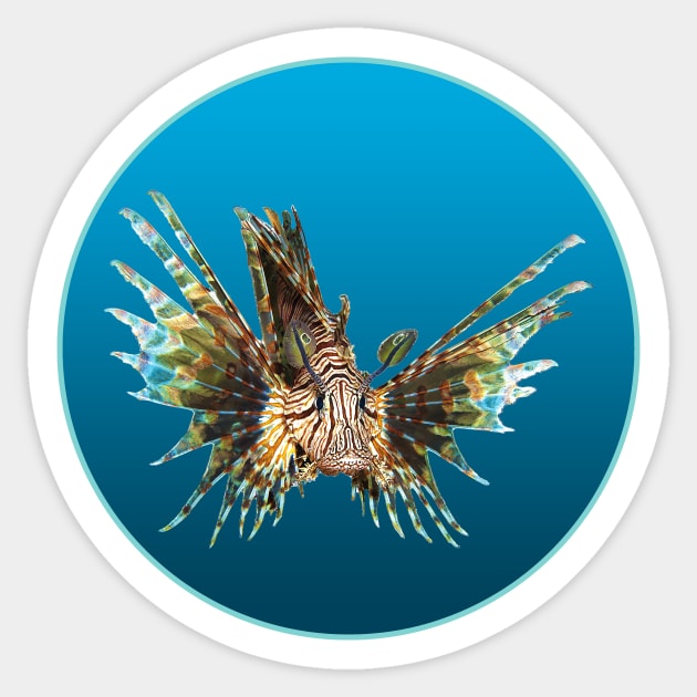 Lionfish | Floating Fish on a blue background in a circle | Sticker by Ute-Niemann